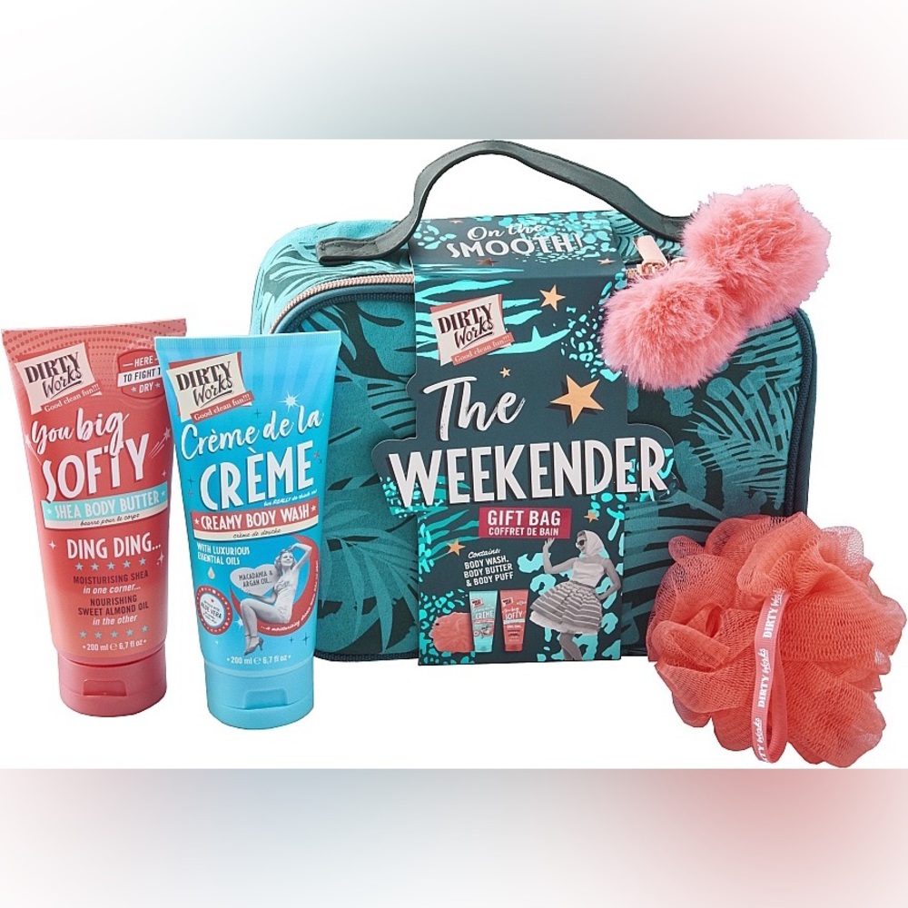 Dirty Works Weekender Gift Bag, Body Wash, Body Butter, & Shower Puff